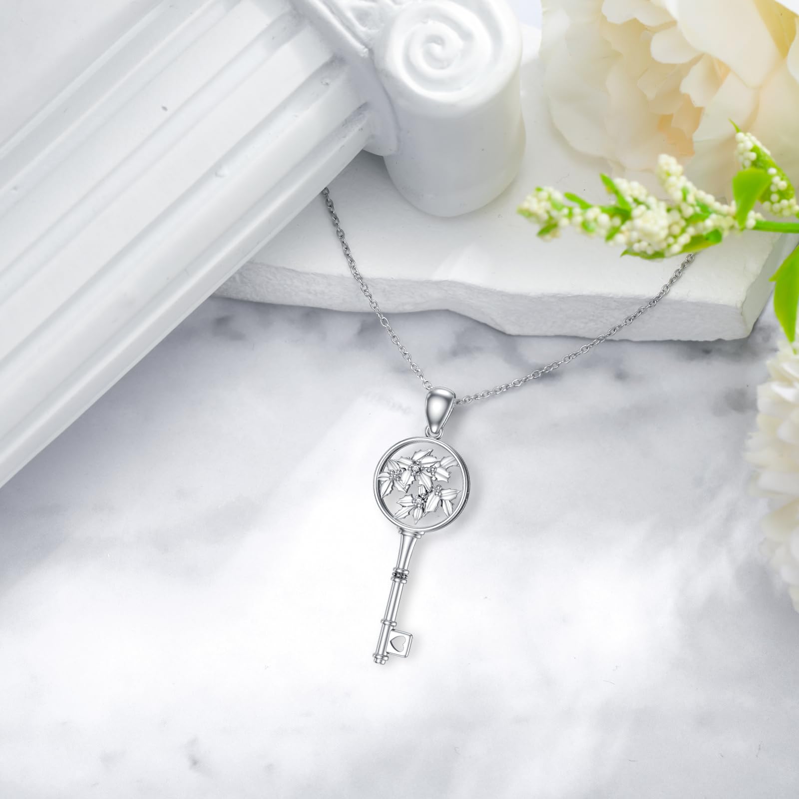 LWXIE Diamond Key Necklace 925 Sterling Silver Birth Flower Key Pendant Necklace Birthday Mother's Day Jewelry Gifts for Women