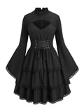 ROSE GAL Womens Plus Size Victorian Gothic Lace-up Layered Lace Trim Cutout Trumpet Sleeves Knee Length Dress(Black_1/4X)