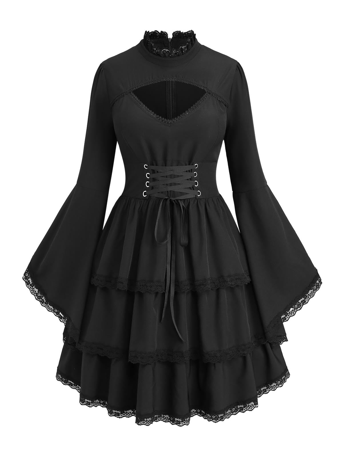 ROSE GAL Womens Plus Size Victorian Gothic Lace-up Layered Lace Trim Cutout Trumpet Sleeves Knee Length Dress(Black_1/4X)