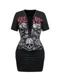 SOLY HUX Women's Y2k Gothic Graphic Bodycon Mini Dress Short Sleeve Deep V Neck Lace Up Punk Party T Shirt Dresses Black Skull Medium