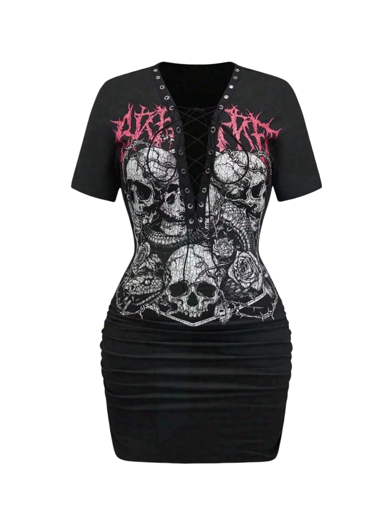 SOLY HUX Women's Y2k Gothic Graphic Bodycon Mini Dress Short Sleeve Deep V Neck Lace Up Punk Party T Shirt Dresses Black Skull Medium