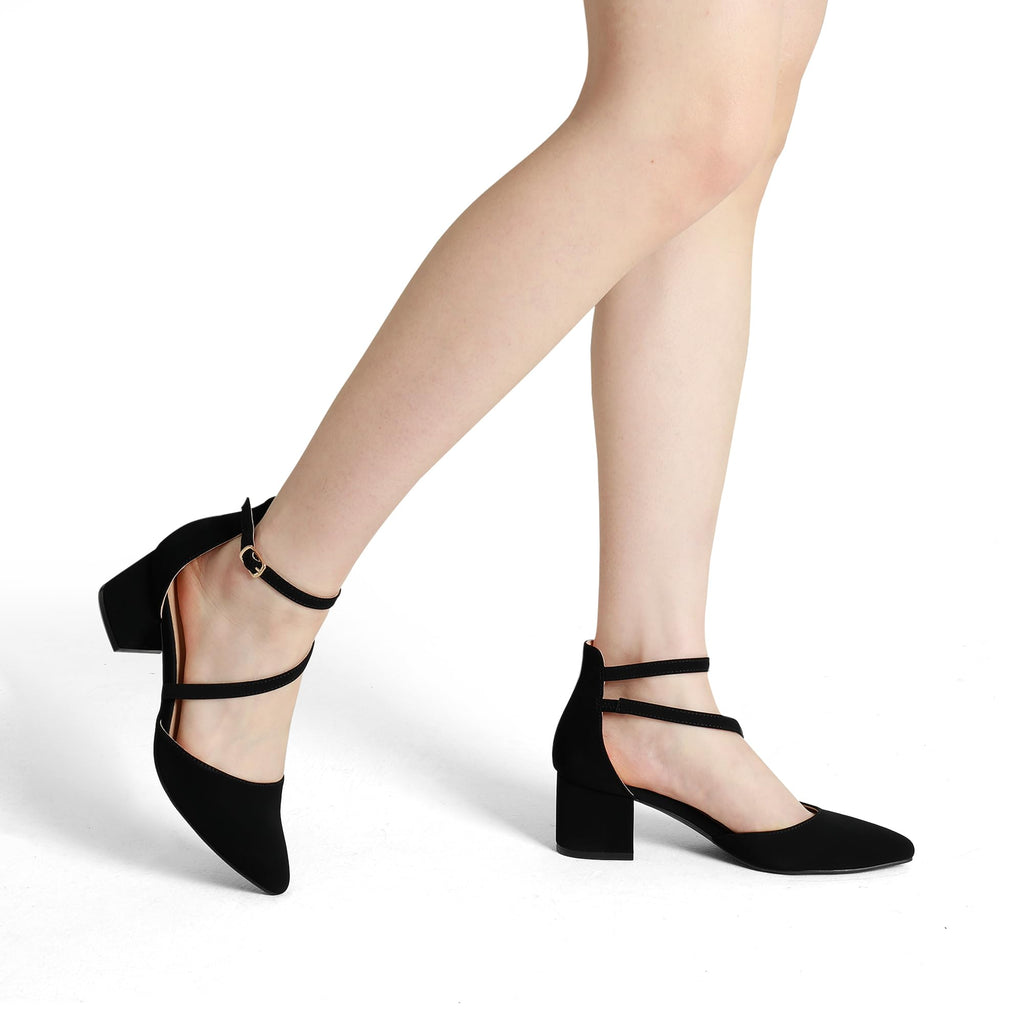 DREAM PAIRS Women's Closed Pointed Toe Low Chunky Heels Pumps Ankle Strap Wedding Business Dressy Shoes,Size 7,Black-Nubuck,SDPU2354W