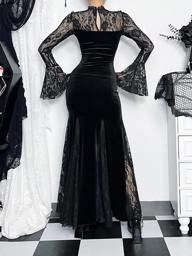 LANSHULAN Gothic Slim Lace Contract Fishtail Long Goth Dress Clothes Black