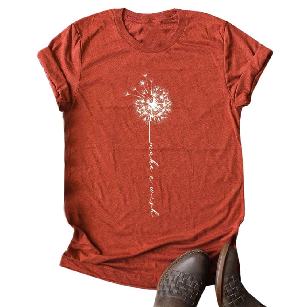 MaQiYa Womens Cute Make A Wish Dandelion Printed Tee Shirts Summer Cotton Vintage Graphic Tees Tops (Red,Medium)