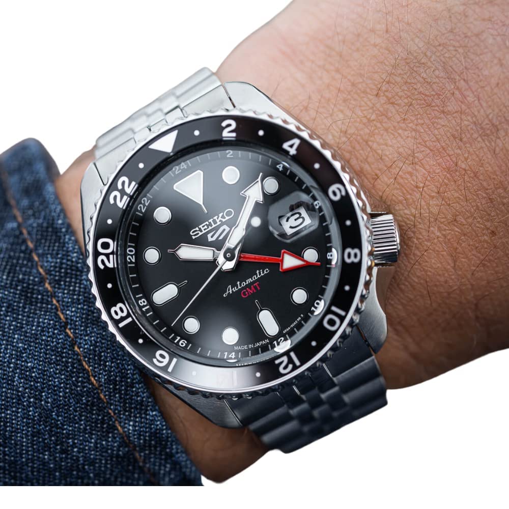 SEIKO SSK001 Automatic Watch for Men - 5 -Sports - Black Dial with Date Calendar and Luminous Hands & Markers and Black & Gray GMT Bezel, 100m Water-Resistant