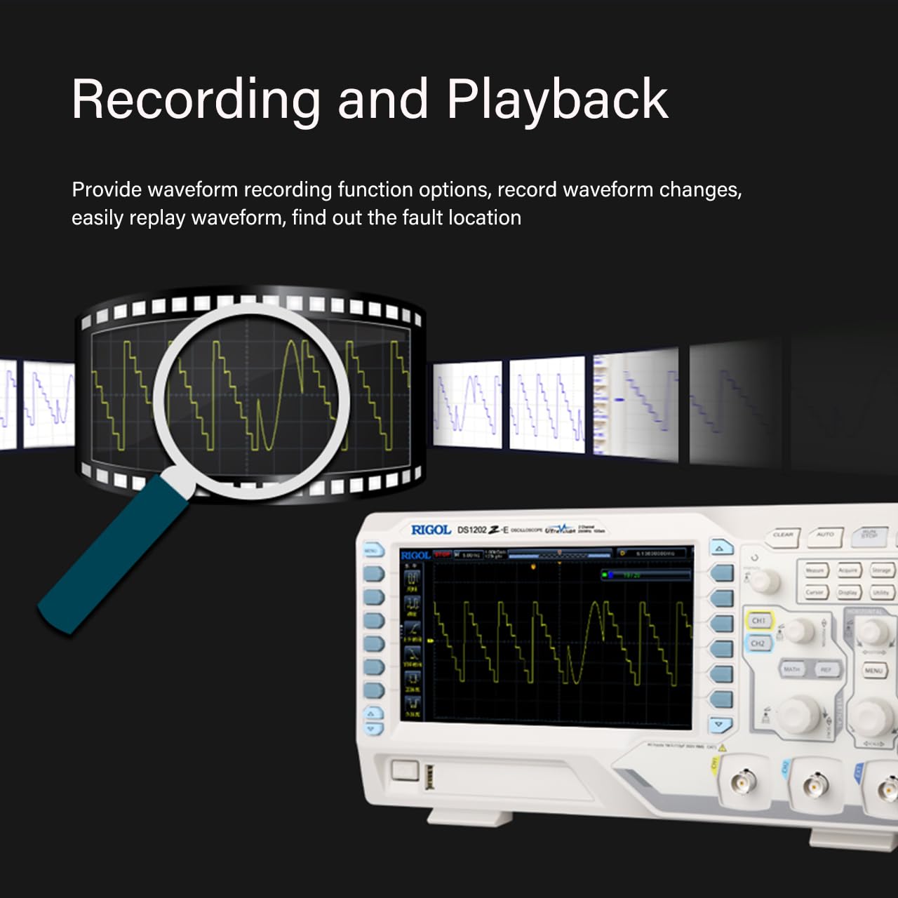 RIGOL Digital Oscilloscope DS1202Z-E 200 MHz 2-Ch 1 GSa/s 24 Mpts 30,000 wfms/s UltraVision 7" 800x480 Intensity Display, 60,000-Frame Record, Serial Decode UART I2C SPI for Debug & Education