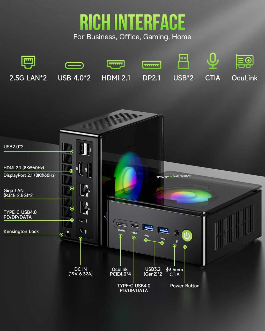 GMKtec Gaming PC, K11 AMD Ryzen 9 8945HS(8C/16T, Up to 5.2GHz), 32GB DDR5 RAM 512GB Mini PC Desktop Computer, Oculink, Dual NIC 2.5GbE LAN, HDMI/DisplayPort/USB4*2