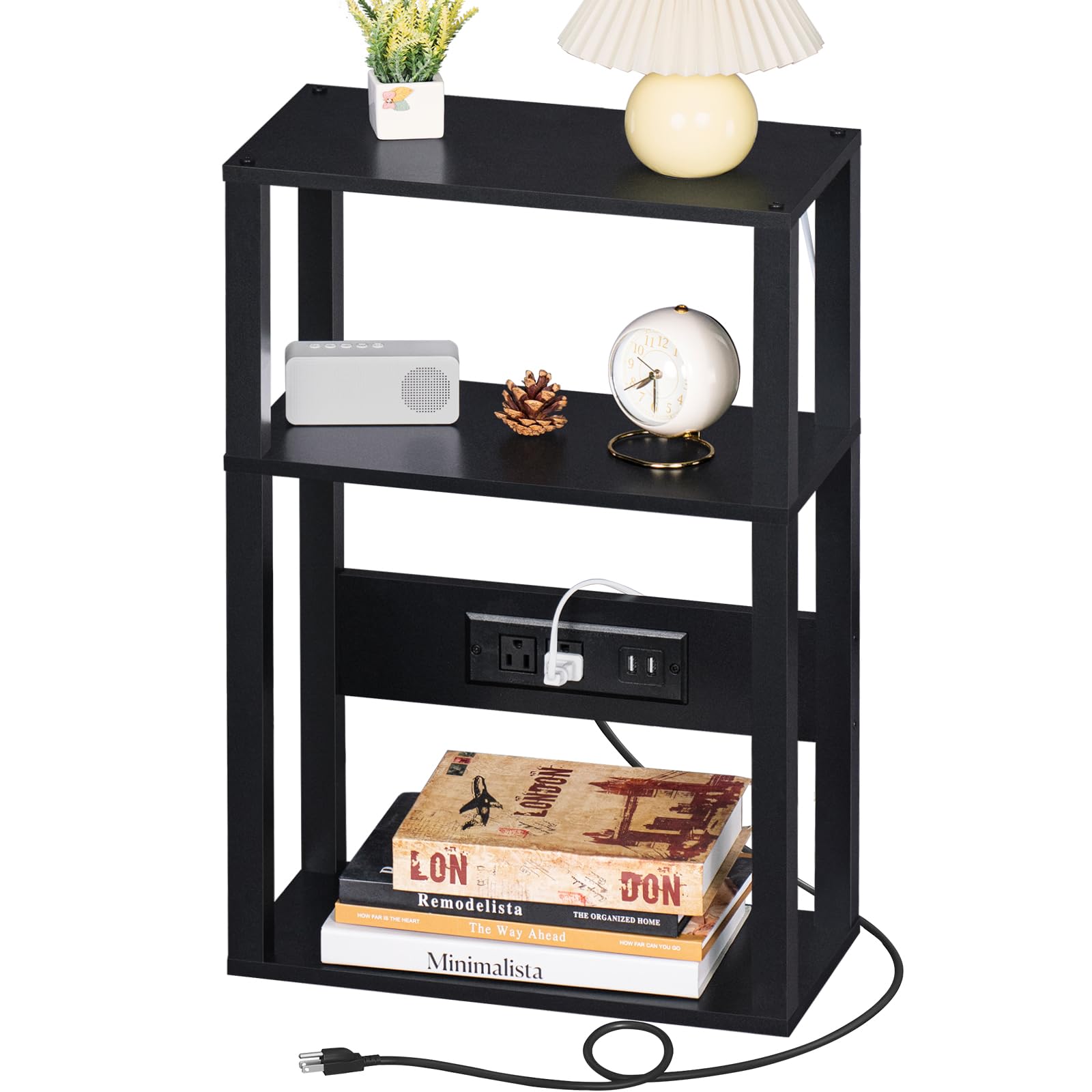 YUFAM 3-Tier Small Narrow Wood Side Table Set of 2 with Charging Station - Skinny Nightstand for Small Spaces, Slim Bedside Table with USB Ports and Outlets - Thin End Table with Storage, Black