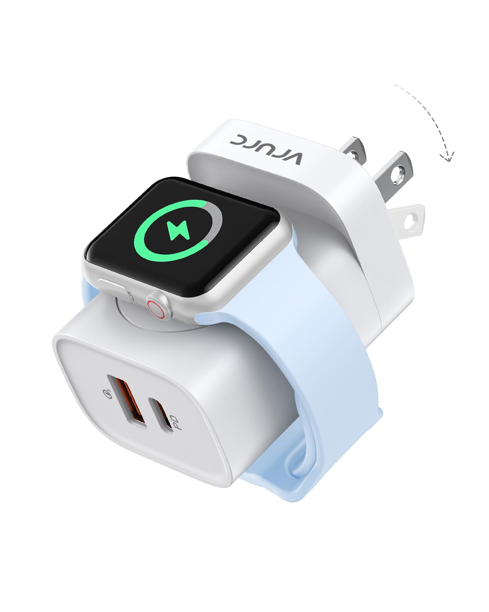 VRURC Fast Charger for Apple Watch, Built-in Wireless Magnetic Charging Station for iWatch SE/11/10/9/8/7/6/5/4, PD 20W USB C Charging Block, Foldable Wall Charger for iPhone 17/16/15/14/13-White