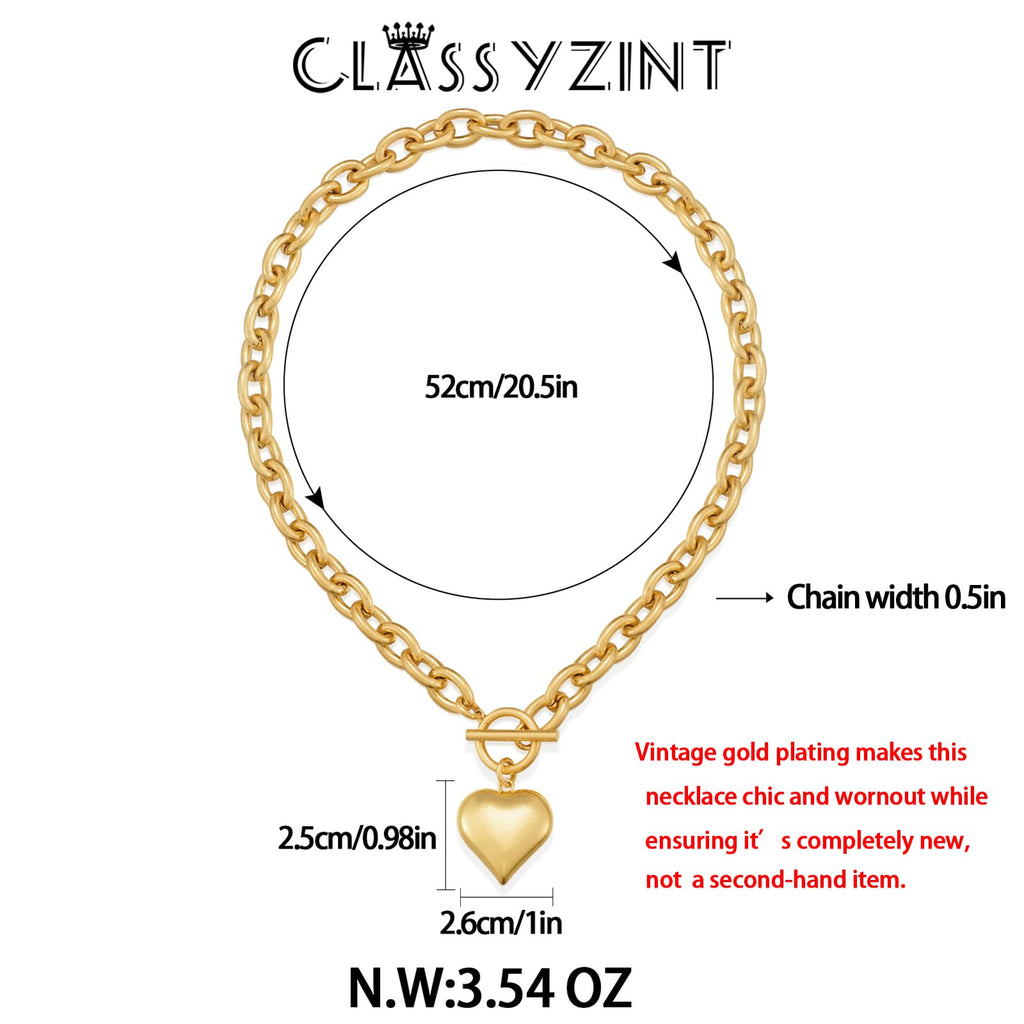 CLASSYZINT Gold Chunky Puffy Heart Pendant Necklaces for Women, Big Heart Chain Link Necklace Toggle Clasp Heart Charm Necklaces