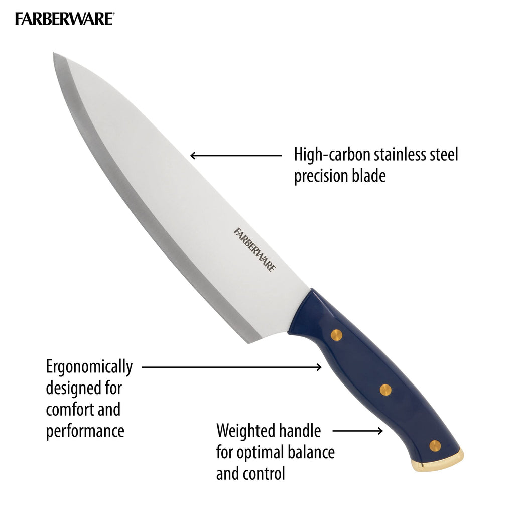 Farberware Triple Riveted Knife Block Set, 15-Piece, Navy and Gold, High-Carbon Stainless Steel Blades, Ergonomic Handles, Includes Wood Storage Block
