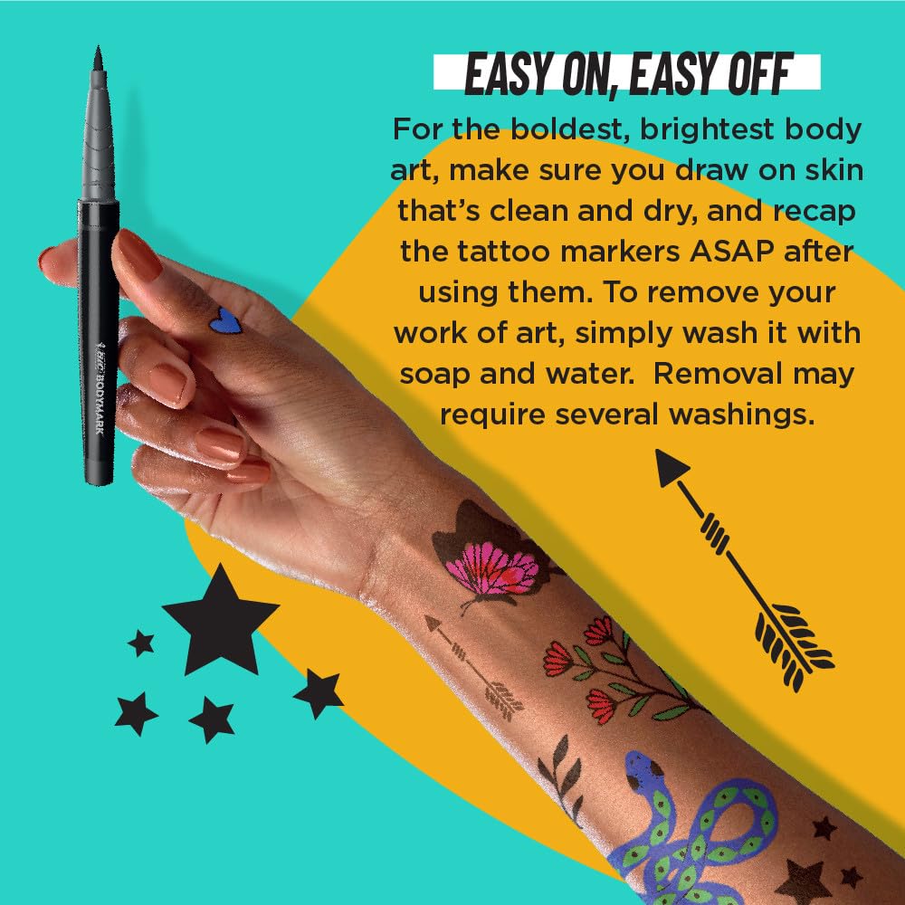 BIC BodyMarkTemporary Tattoo Markers for Skin, Color Collection, Flexible Brush Tip, 6-Count Pack of Assorted Colors, Skin-Safe*, Cosmetic Quality