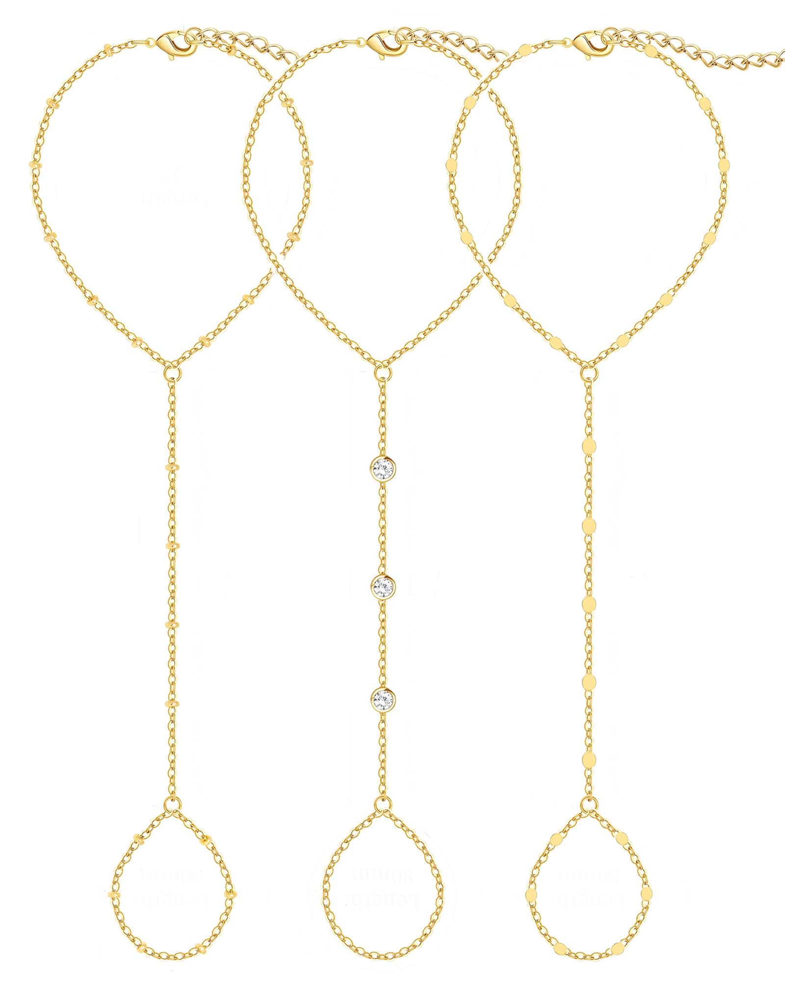 3PCS 14K Gold-Plated Hand Chain Bracelets for Women, Stack Bracelets Set Adjustable, Dainty Ring Bracelet Hand Chain