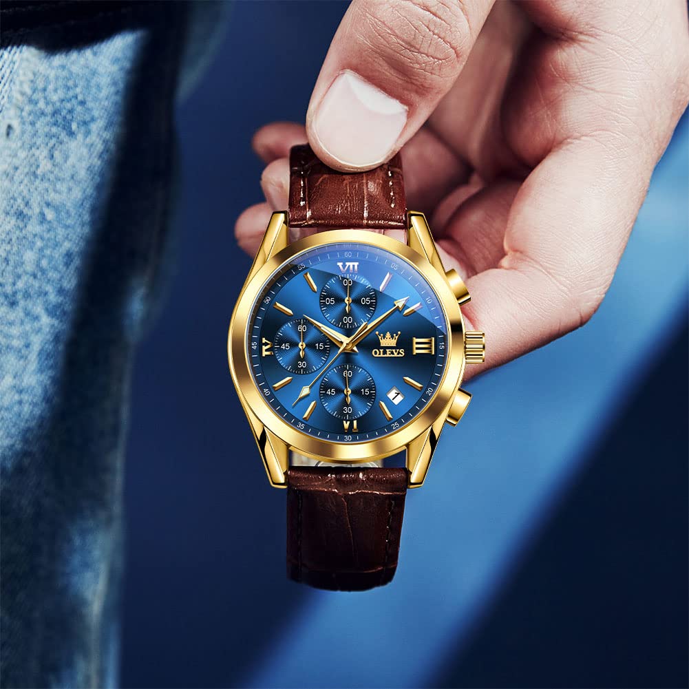 OLEVS Brown Leather Watch for Men Stainless Steel Large Face Quartz Wrist Watches Roman Number Luxury Mens Water Resistant Chronograph Watch Calendar Display Classic Blue Men's Cuff Watches Easy Wear