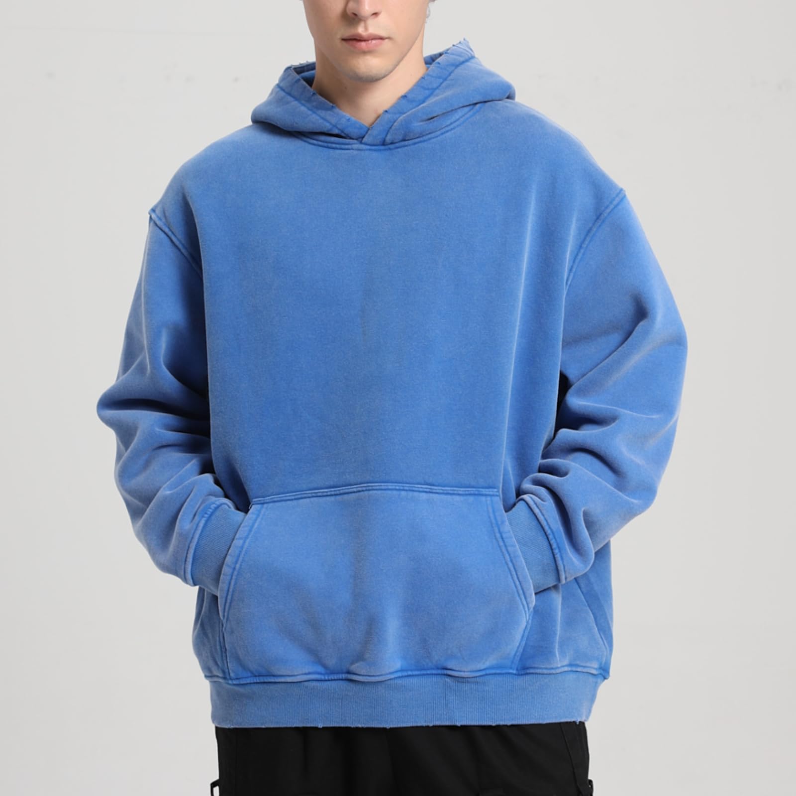 FAIABLE Mens Hoodies Oversized Unisex Acid Wash Hoodie Heavyweight Fleece Vintage Washed Distress Cotton Sweatshirt Men Women Couples Streetwear College Casual Fall Winter Autumn 2026 Bright Blue