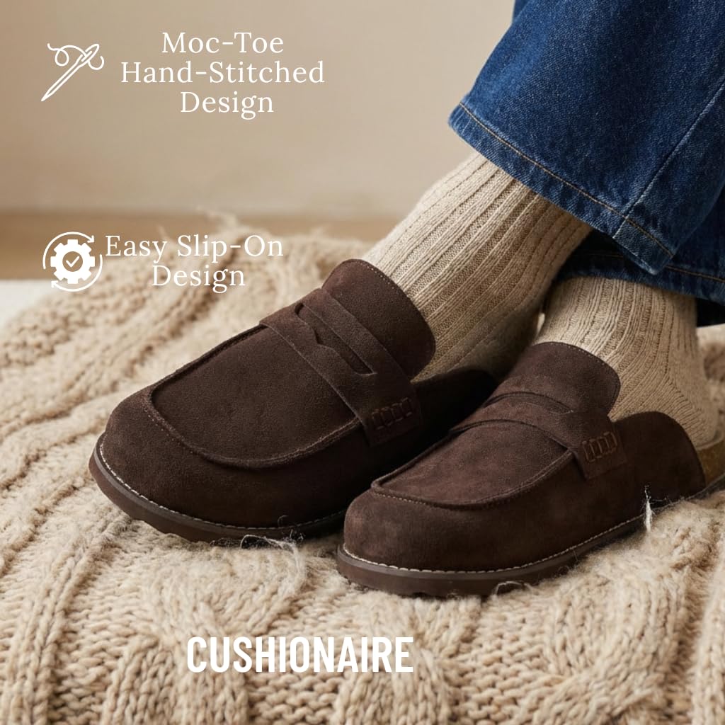 CUSHIONAIRE Wally Loafer-Style Suede Clogs for Men, Slip-On Backless Indoor Outdoor Mens Shoes with Cushioned Footbed, Brown 8