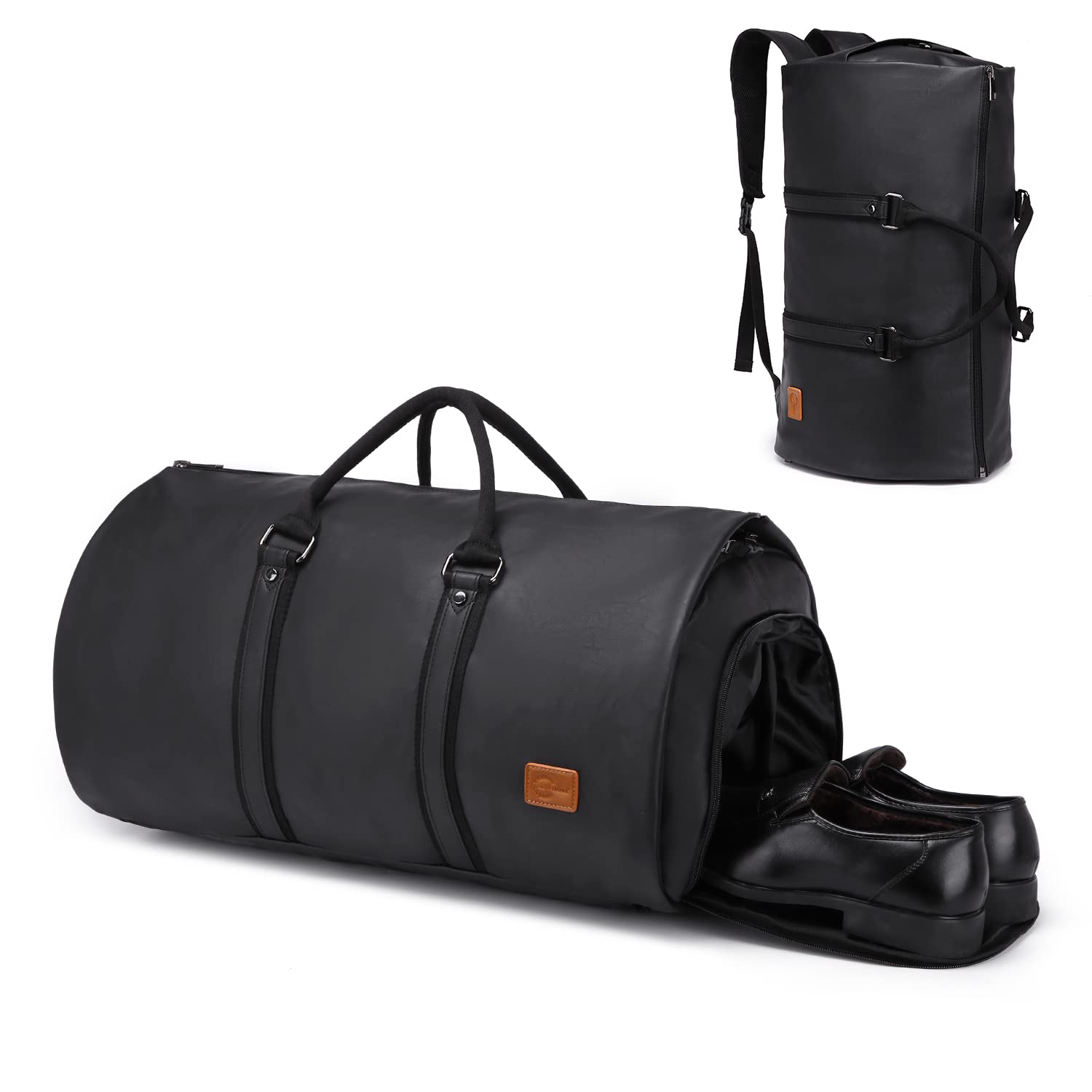 Carry On Garment Backpack, 3 in 1 Waterproof Mens Garment Bag for Travel Business, Leather Duffel Bag with Shoe Compartment -Black