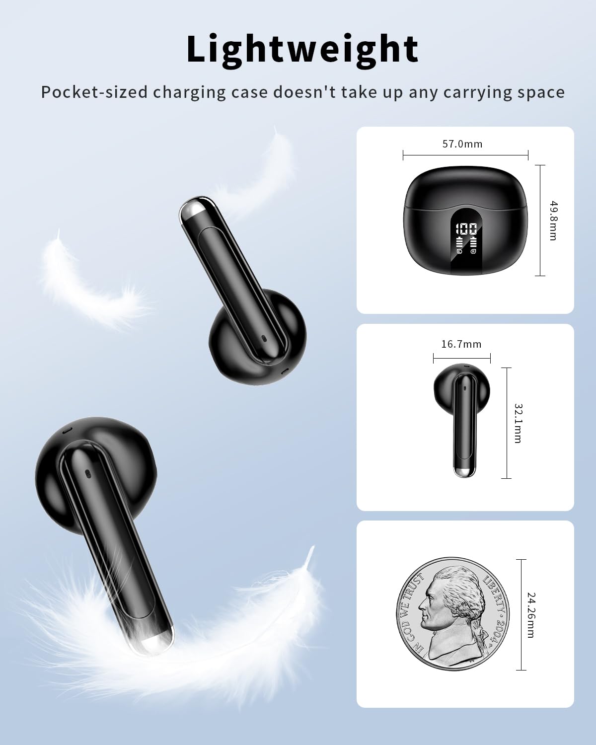 Wireless Earbuds, Bluetooth 5.4 Headphones HiFi Stereo, Ear Buds with 50H Playback, LED Display Wireless Earphones Clear Calls, IP7 Waterproof, Bluetooth Earbuds for Laptop/Phones/Sports, Black