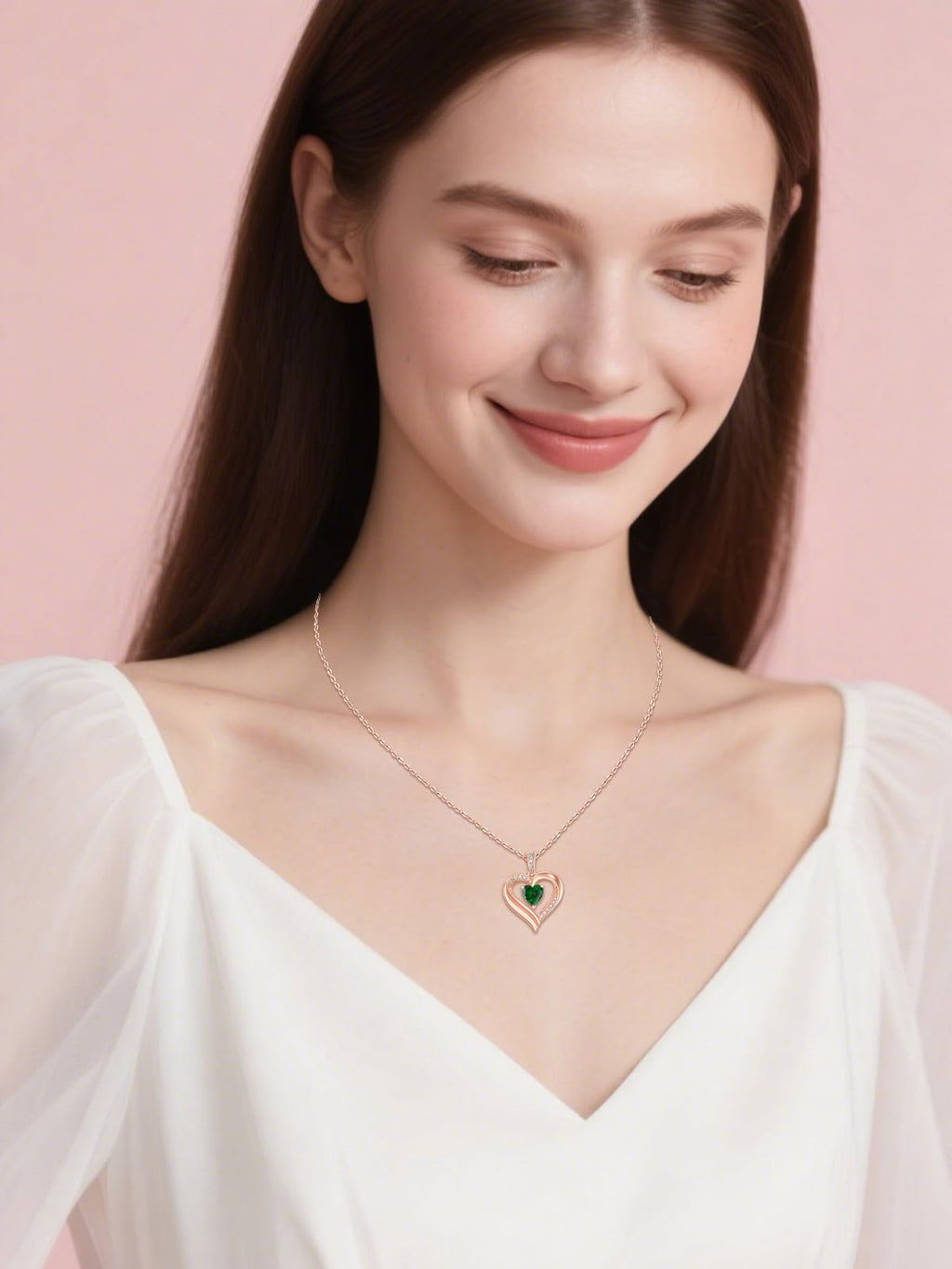 KQ&TTENG Necklace for Women Rose Gold Heart Emerald Pendant May Birthstone Necklace Jewellery Birthday Gifts for Wife Mother Her