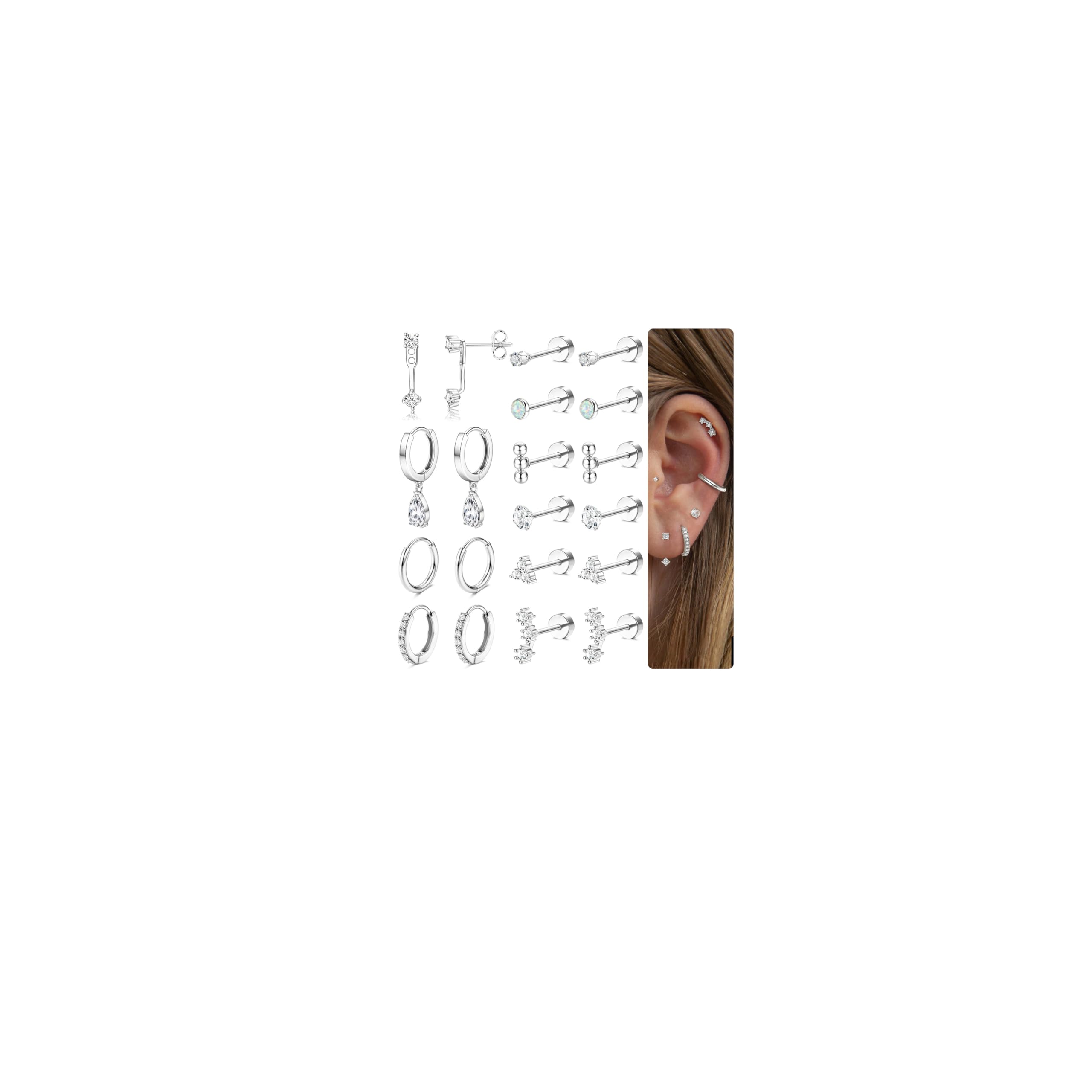 MILACOLATO Hypoallergenic Flatback Stud Earrings for Women, 14K Gold Plated & 20G Surgical Stainless Steel Cartilage Earring Stacks Sets for Multiple Piercing, Trendy Small Hoop Earrings, Silver