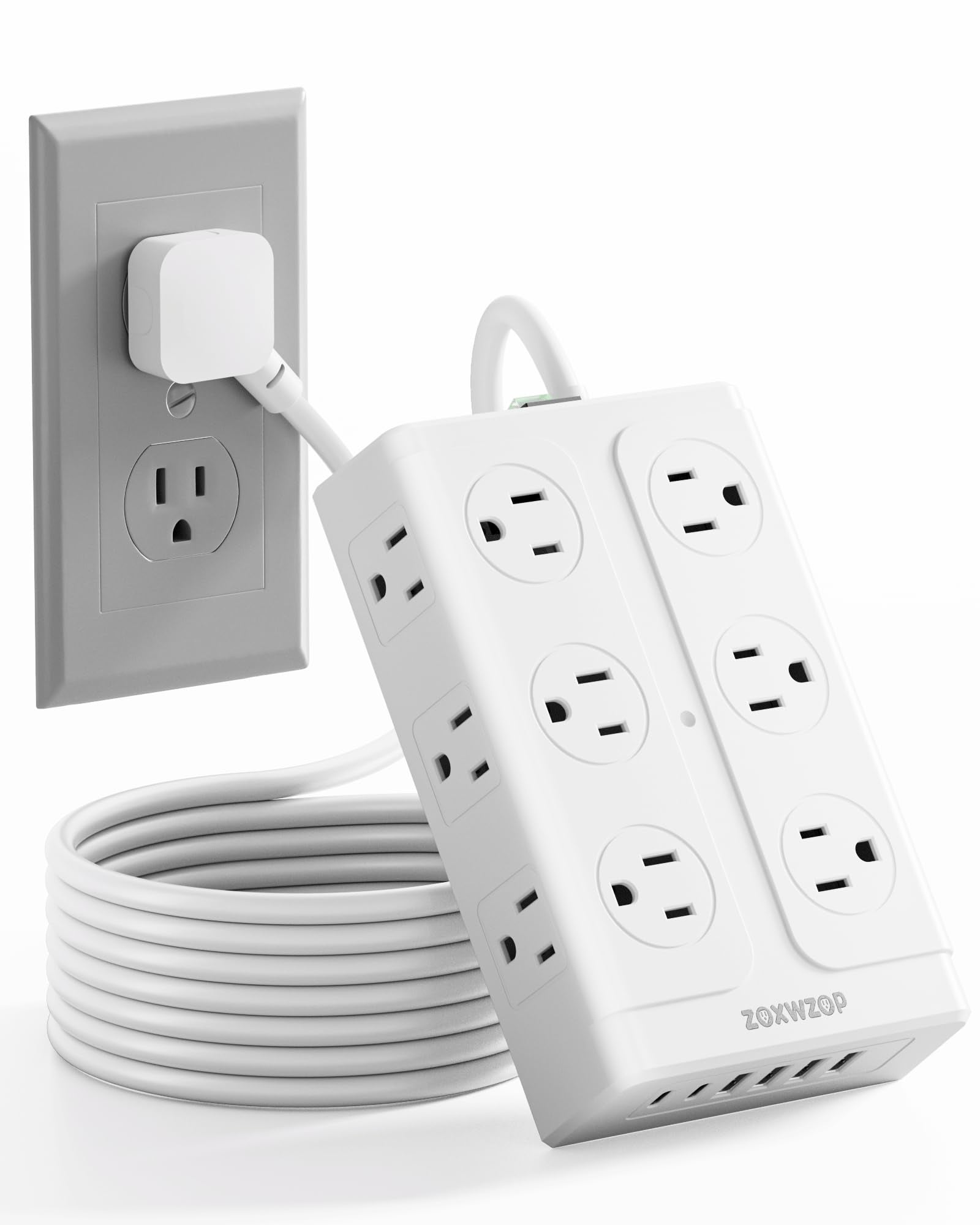 Zoxwzop Surge Protector Power Strip - 12 Outlets(1850W/15A) 6 USB Ports（2 USB C, 6FT Flat Plug Extension Cord, Wall Mount Multi Plug Outlet Extender, ETL Listed for Home, Dorm Room