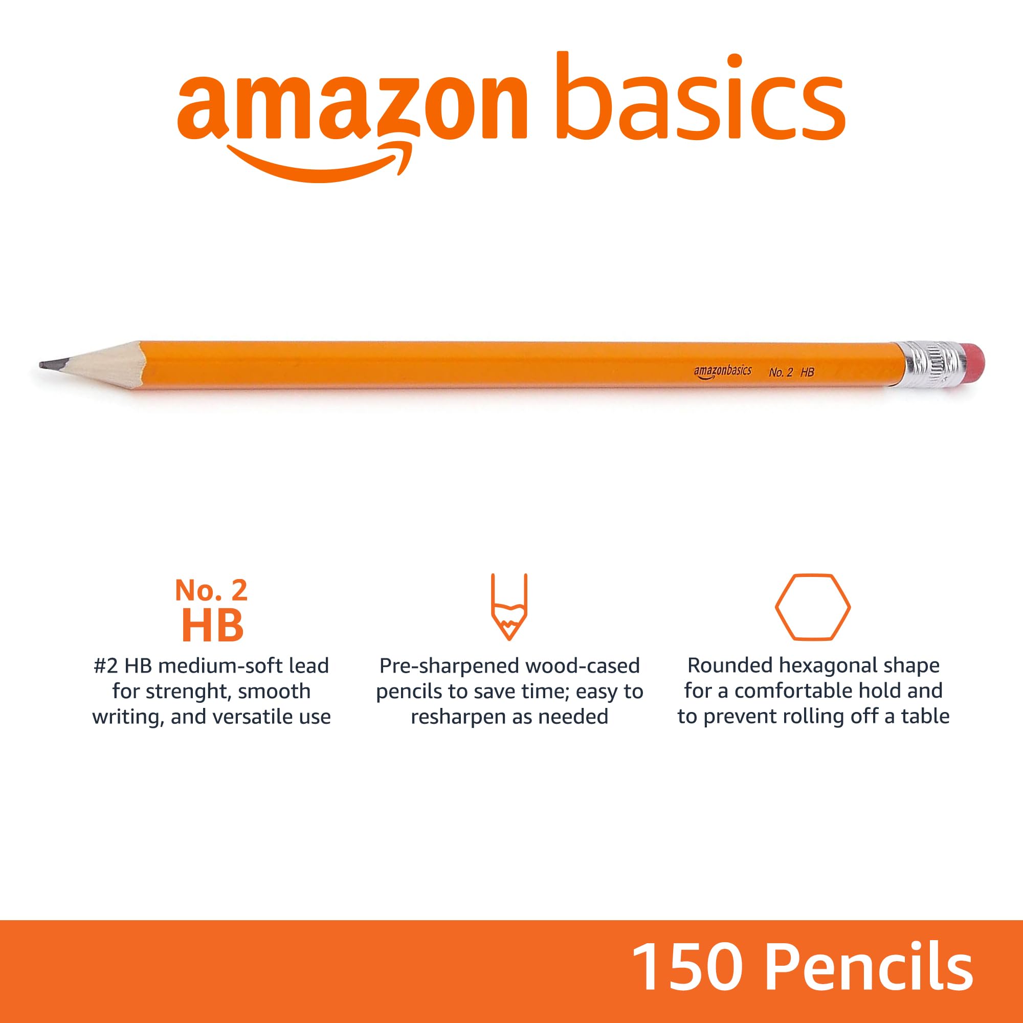 Amazon Basics Wood-Cased #2 Pencils for Writing, Drawing and Sketching, Pre-sharpened, HB Soft Lead with Erasers, Teacher Supplies, 150 Count, Yellow