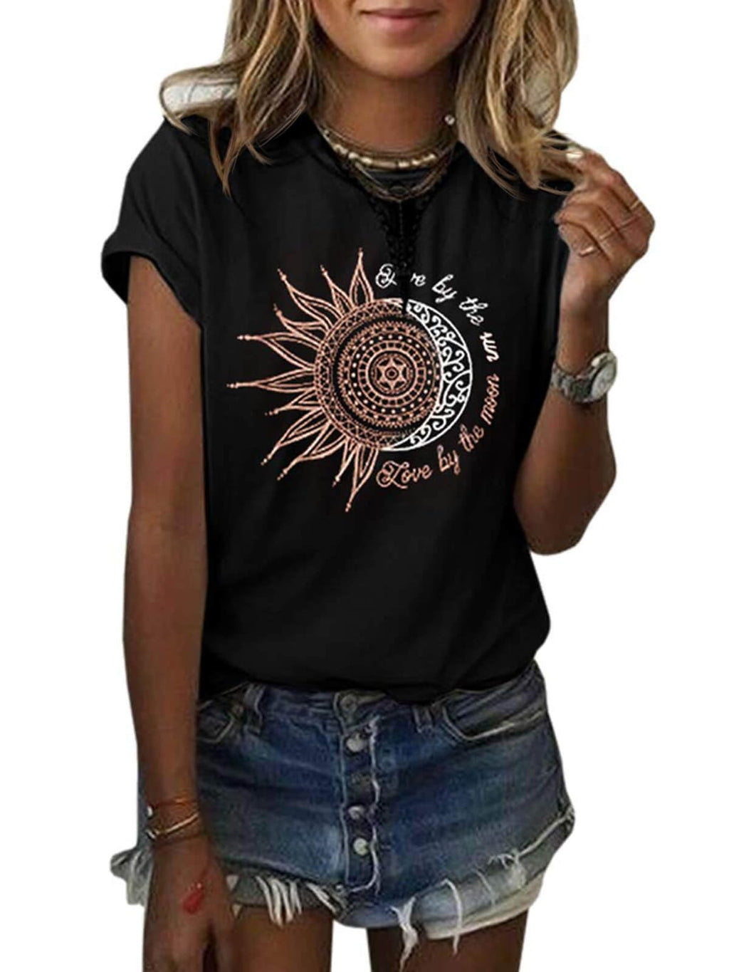 MaQiYa Womens Graphic Tees Summer Short Sleeve Cotton Moon and Sun Printed T Shirts Tops (Large,Black)