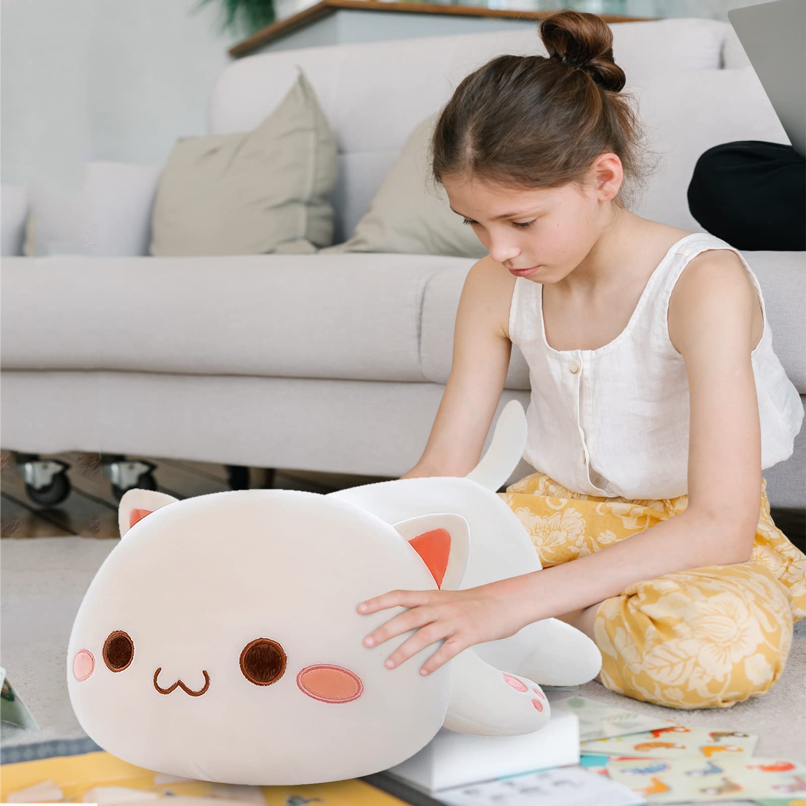 FUYU Cat Stuffed Animals, Soft Cat Plush Pillow Kawaii Kitten Stuffed Animal Toy Gifts for Kids Boys Girls Room Decor (White Round Eyes,27in/67cm)