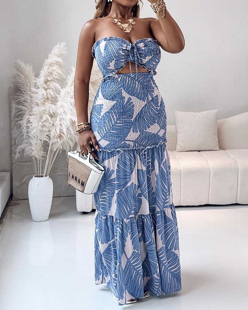 CHICME Floral Printed Prom Dress Drawstring Ruched Shirred Bandeau Party Dress Slim Fit Ruffle Hem Wedding Guest Dresses Blue-S