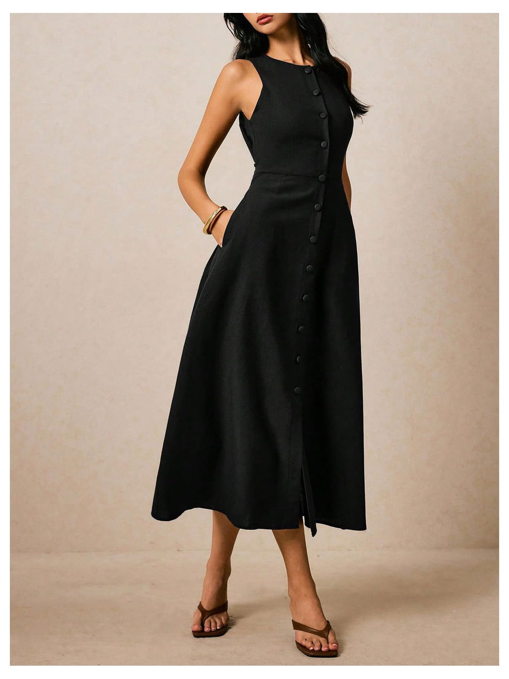 WDIRARA Women's Button Down Sleeveless Midi Dress Crew Neck Tie Back Dressy Tank Dress with Pockets Black Medium