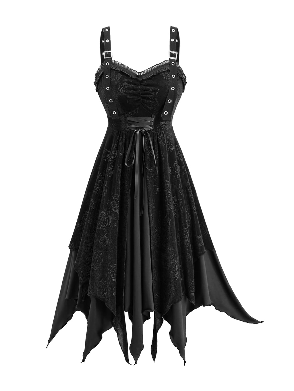 Rosegal Women Plus Size Gothic Sleeveless Dress Rose Floral Lace-up Layered Handkerchief Hem Midi Swing Dress(Black/5X)