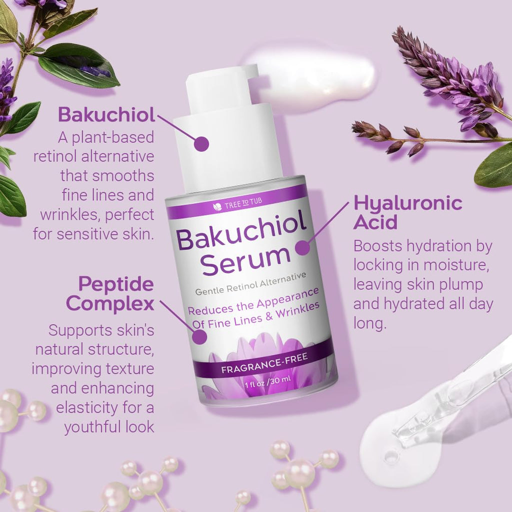Tree To Tub Bakuchiol Face Serum - Gentle Retinol Alternative Serum for Face with Hyaluronic Acid & Peptides for All Skin Types