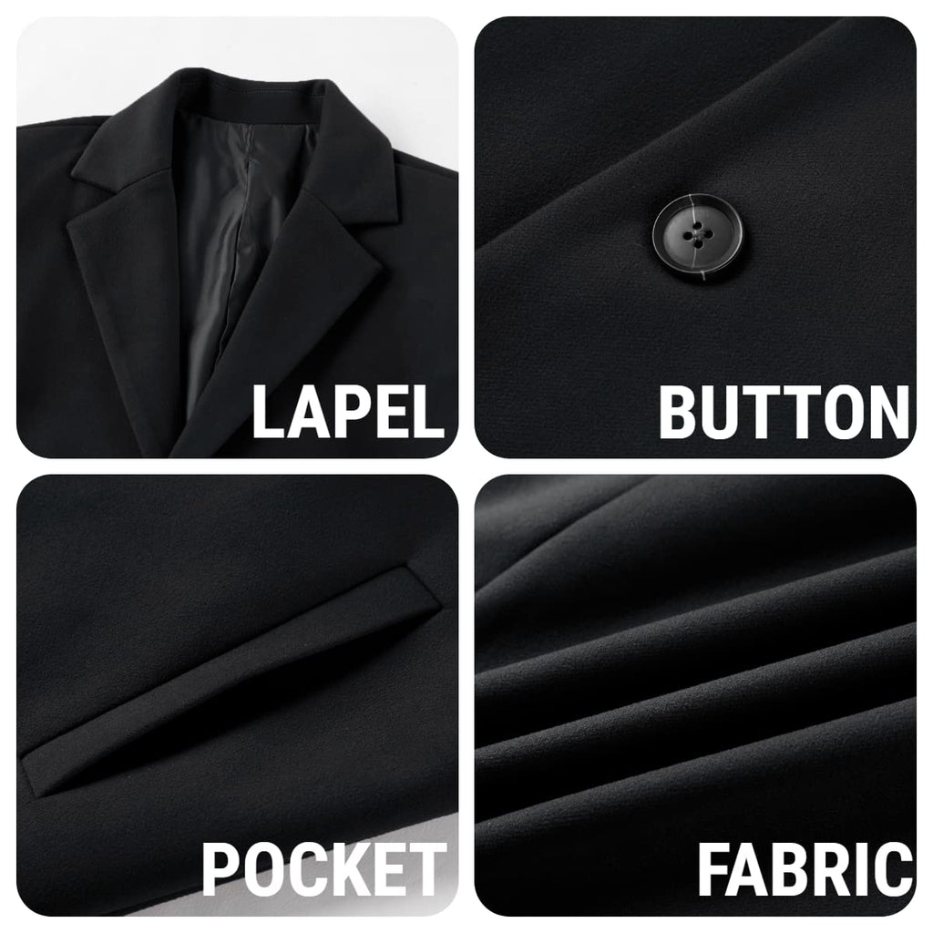 PASLTER Mens Trench Coat Slim Fit Notched Collar Fall Winter Single Breasted Pea Coat Warm Soft Overcoat