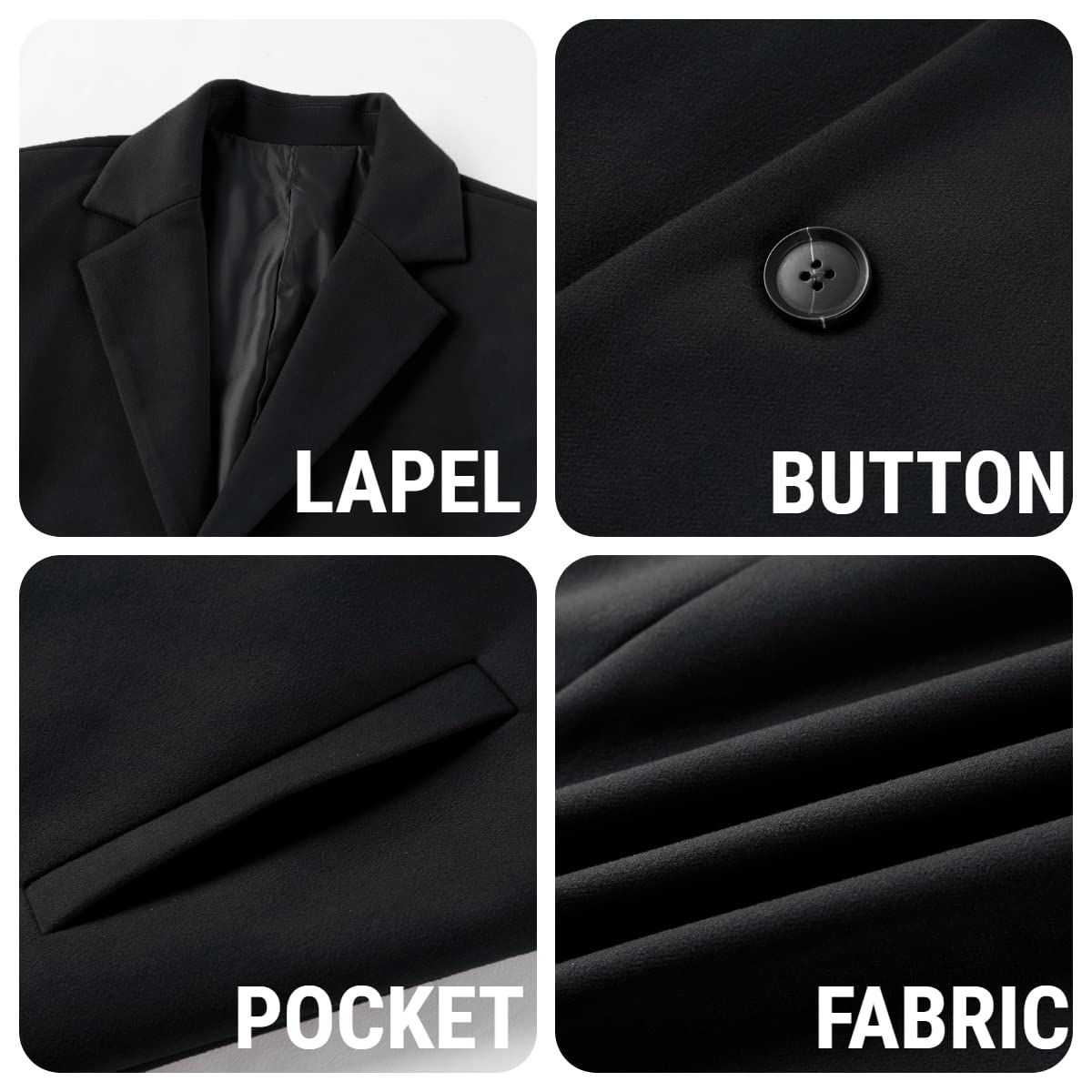 PASLTER Mens Trench Coat Slim Fit Notched Collar Fall Winter Single Breasted Pea Coat Warm Soft Overcoat