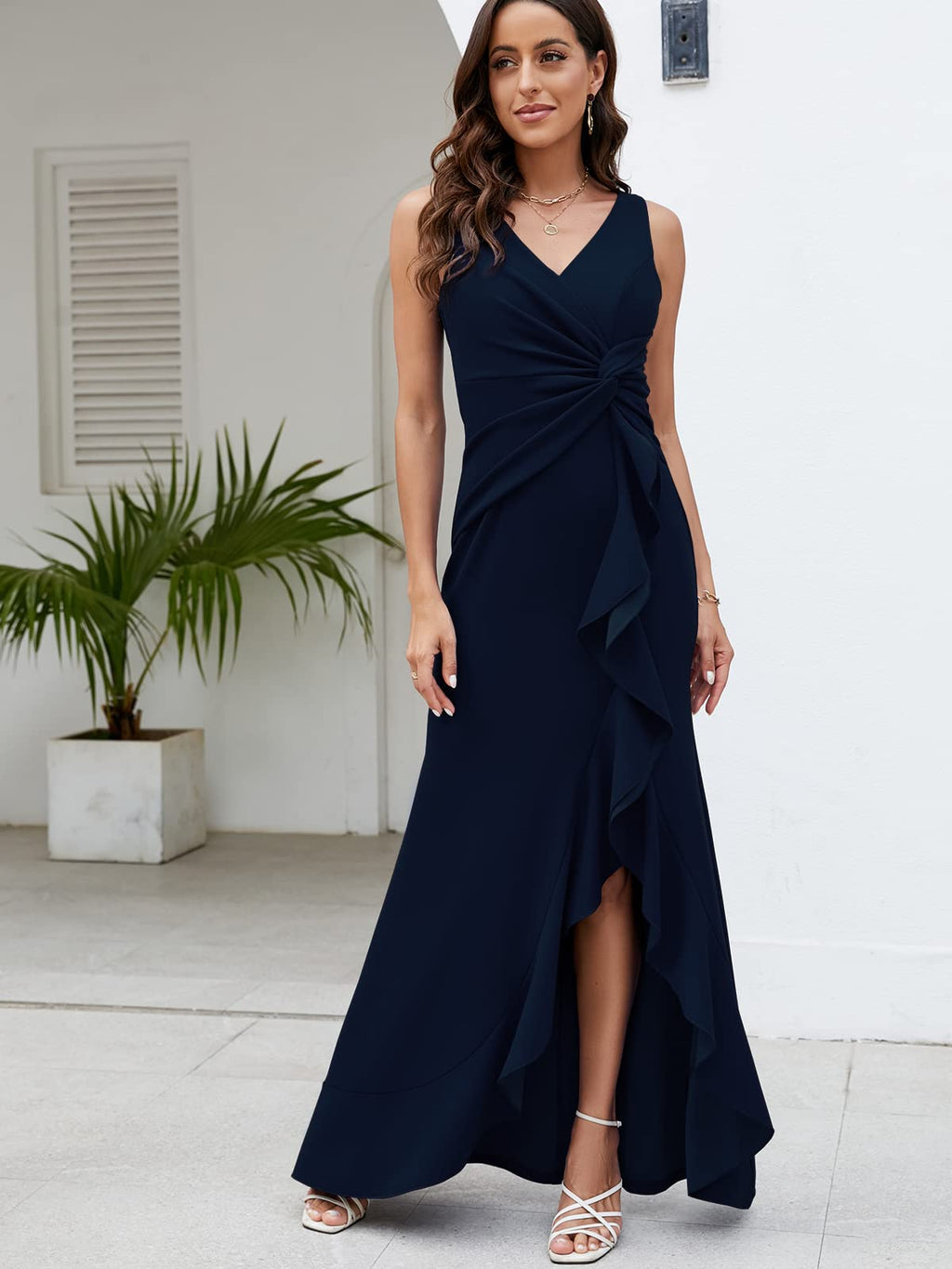 FQA Formal Evening Dresses for Women Elegant Dresses for Women Evening Party Floor Length Navy Blue Prom Dress Long Sexy V Neck Sleeveless Split Wrap