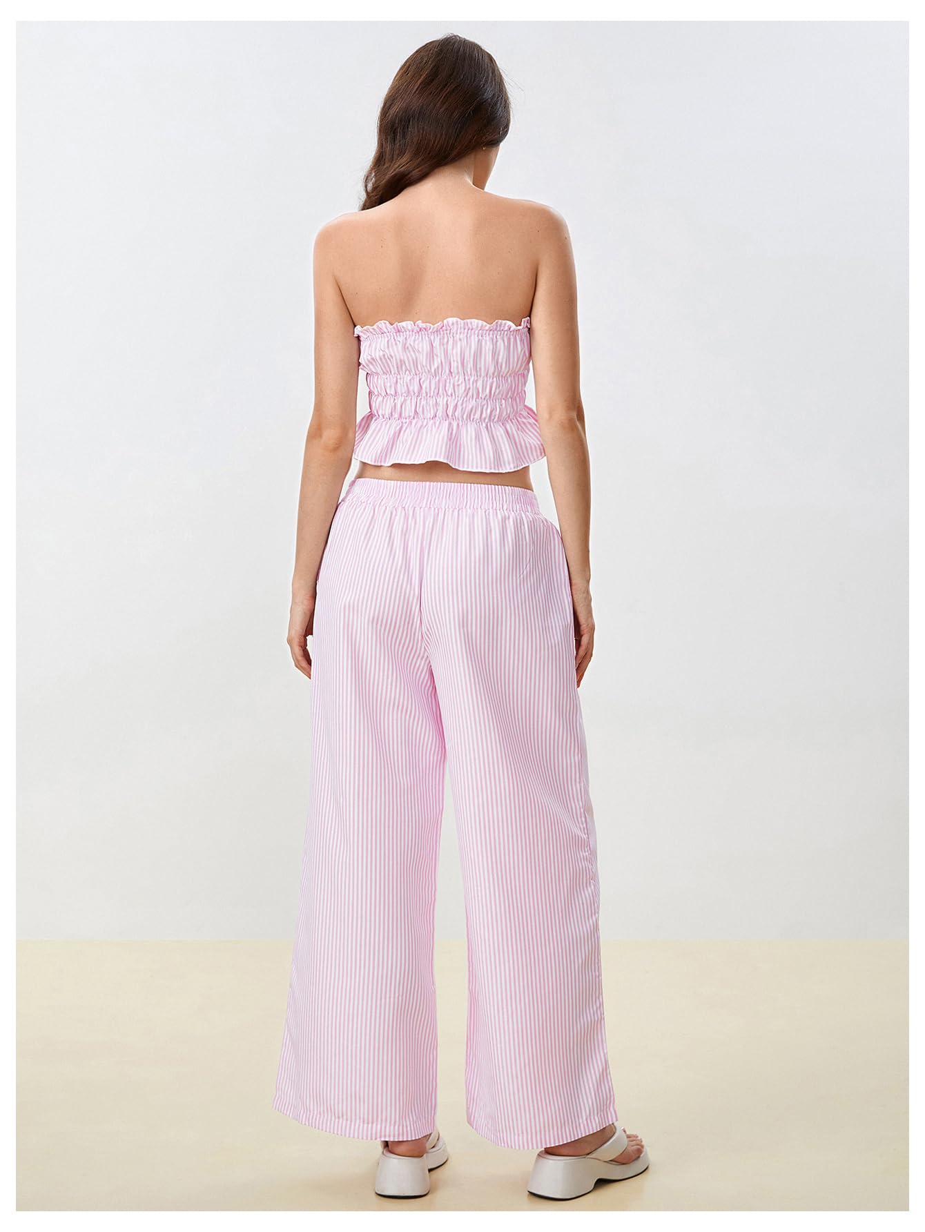 WDIRARA Women's Striped 2 Piece Pants Set Strapless Tie Bandeau Wide Leg Pants Outfits Pink White X-Small