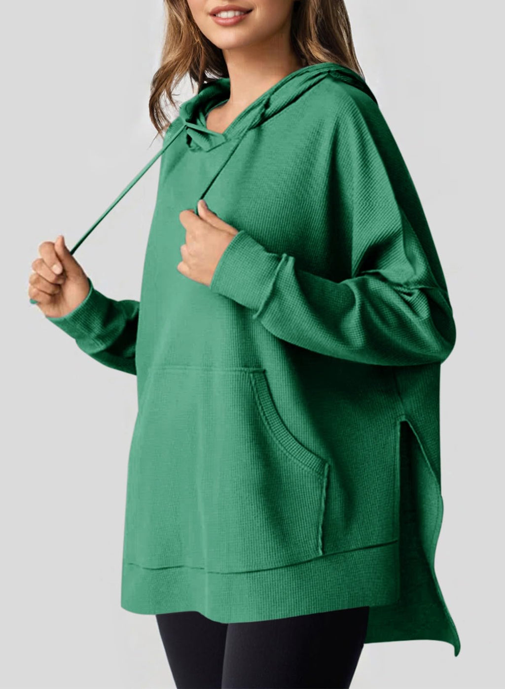 Dokotoo Womens Long Sleeve Sweatshirts Loose Fit Waffle Knit Hoodies for Women Trendy Oversized Fall Winter Clothes for Women 2025 Pullover Sweatshirt Solid Hoodie Tops Green Small