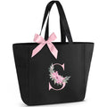 Vavabox Tote Bag, A-Z Initial Monogrammed Waterproof Tote Bag, Bridesmaid Gifts for Women, Black and Pink (S, Black)