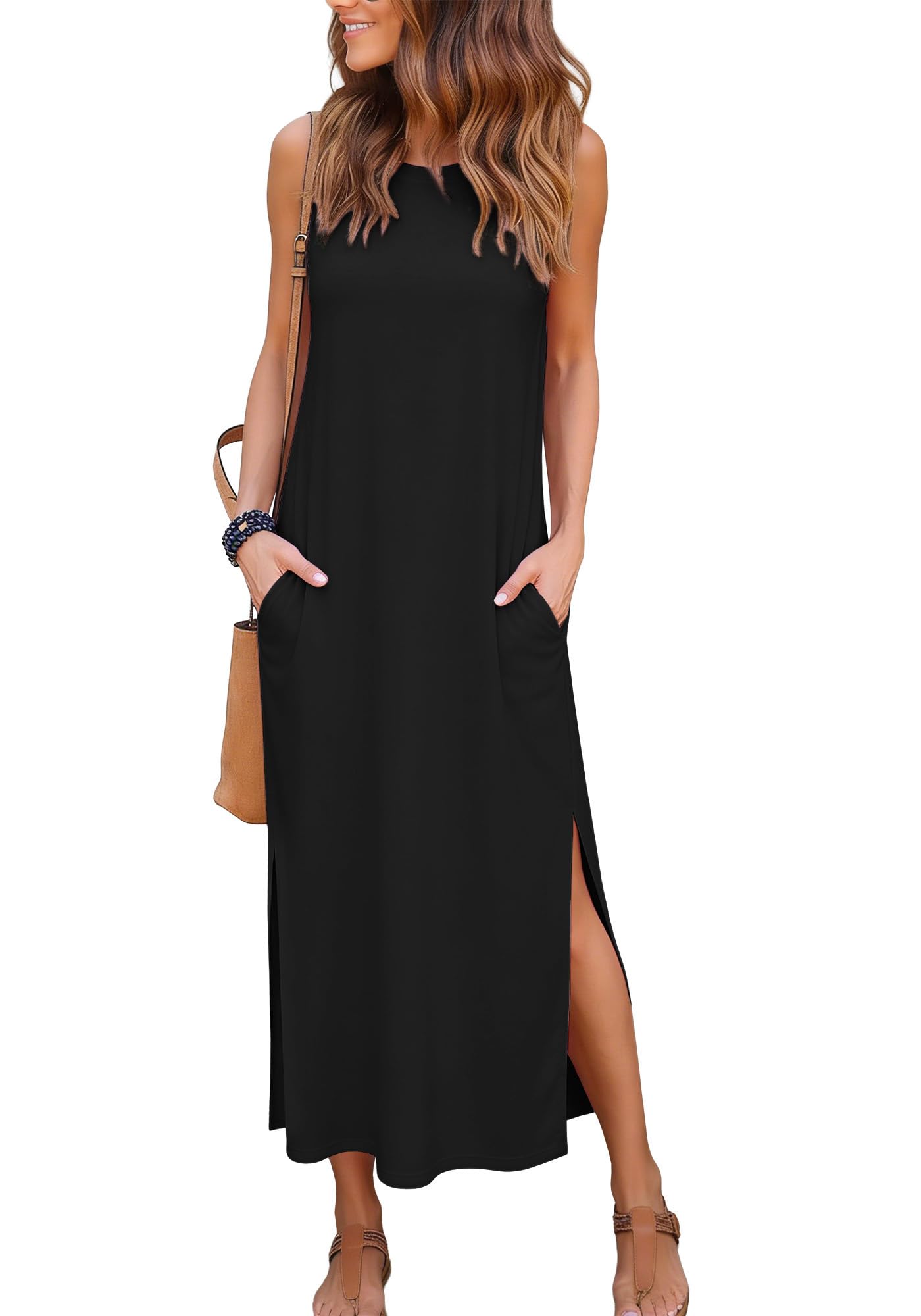 RUMIA Dresses for Women 2026 Casual Summer Maxi Flowy Formal Dress Wedding Guest with Pockets Black M