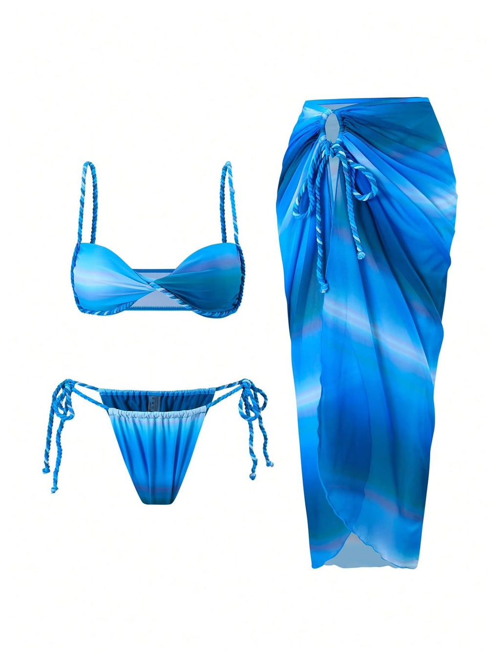 WDIRARA Women's 3 Piece Bikini Set Ombre Twist Ruched Swimsuit with Split Beach Skirt Blue Small