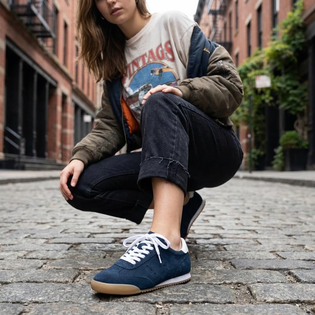 CUSHIONAIRE Topcat 100% Genuine Leather Suede Sneakers for Women, Lightweight Everyday Casual Womens Shoes with Retro Style and Cushioned Comfort, Navy 8.5