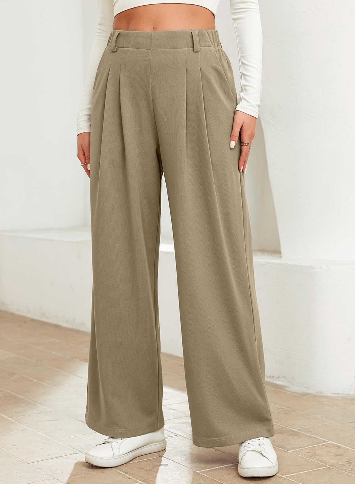 EVALESS Wide Legged Pants for Women Waffle Knit Elastic High Waisted Cute Girls Loose Fited Palazzo Pants Trousers with Pockets Petite Taupe Small