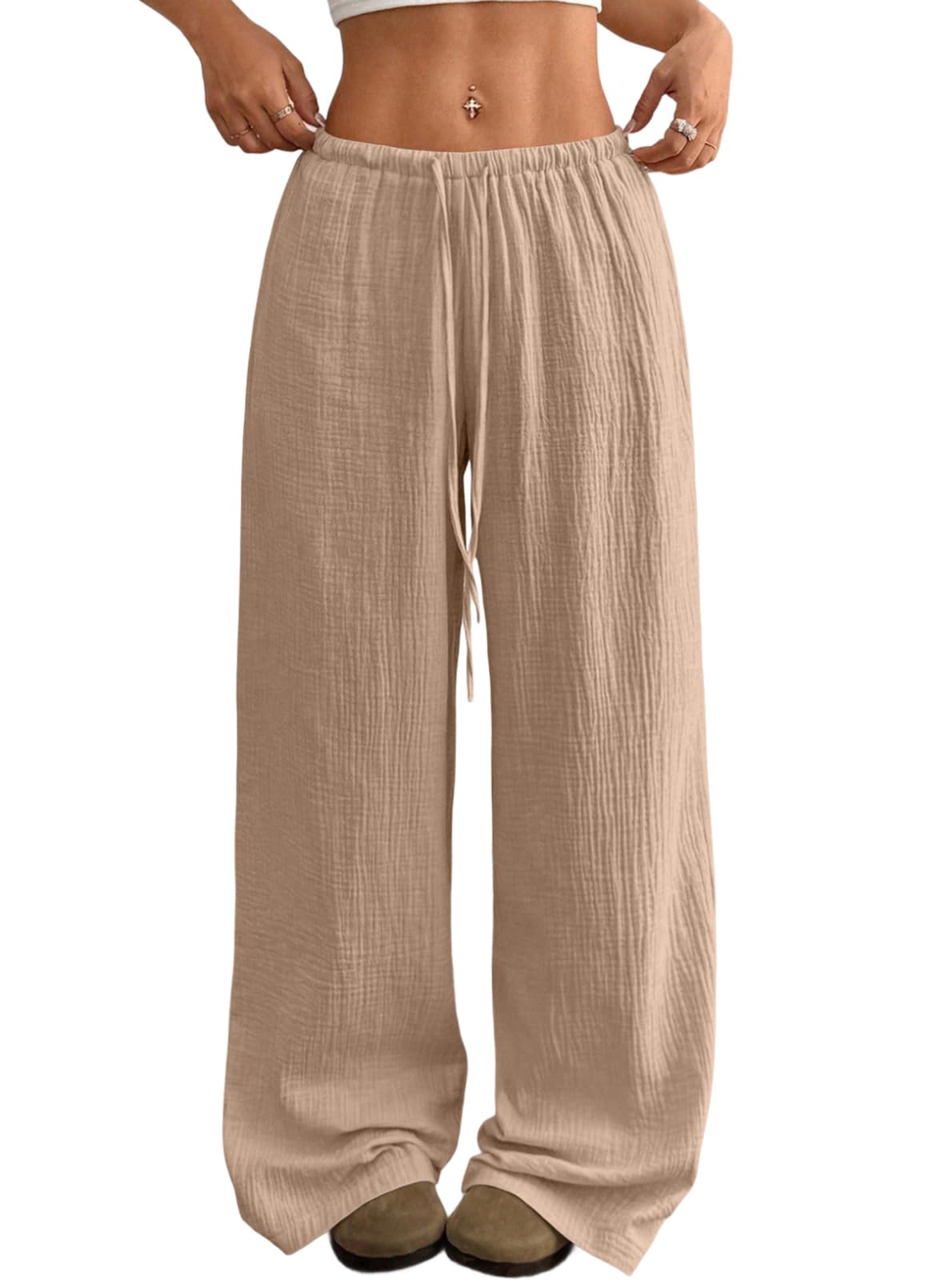 Acelitt Women’s Wide Leg Palazzo Pants Drawstring Elastic Waist Casual Loose Lounge Pants Beach Trousers Teacher Outfits for Women Light French Beige Small