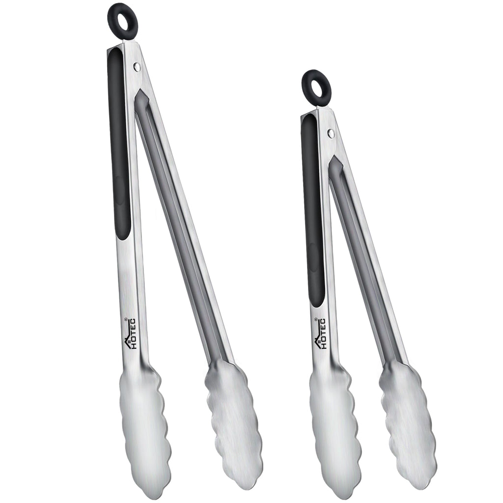 Hotec Stainless Steel Kitchen Tongs, Set of 2-9" and 12", Locking Metal Food Tongs for Cooking, Serving, BBQ, Grill Non-Slip Grip
