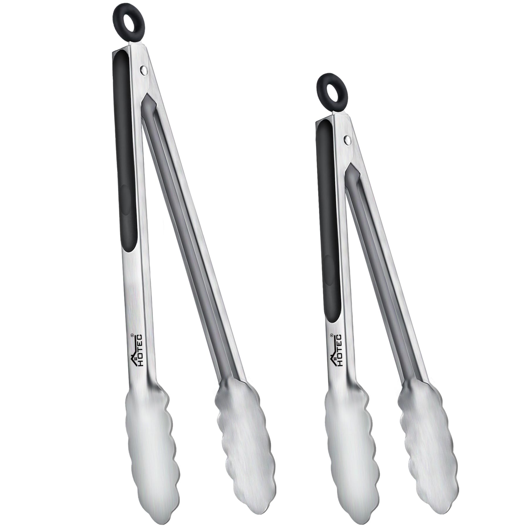 Hotec Stainless Steel Kitchen Tongs, Set of 2-9" and 12", Locking Metal Food Tongs for Cooking, Serving, BBQ, Grill Non-Slip Grip