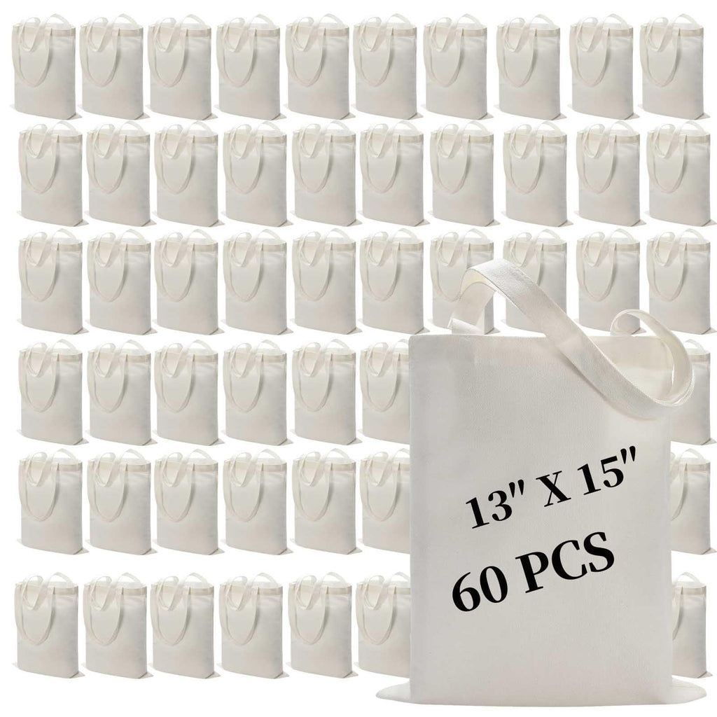 60 Pack Sublimation Tote Bags Blank Canvas Reusable Polyester Grocery Bags for Heat Transfer Vinyl DIY Crafting White, 13x15 Inch