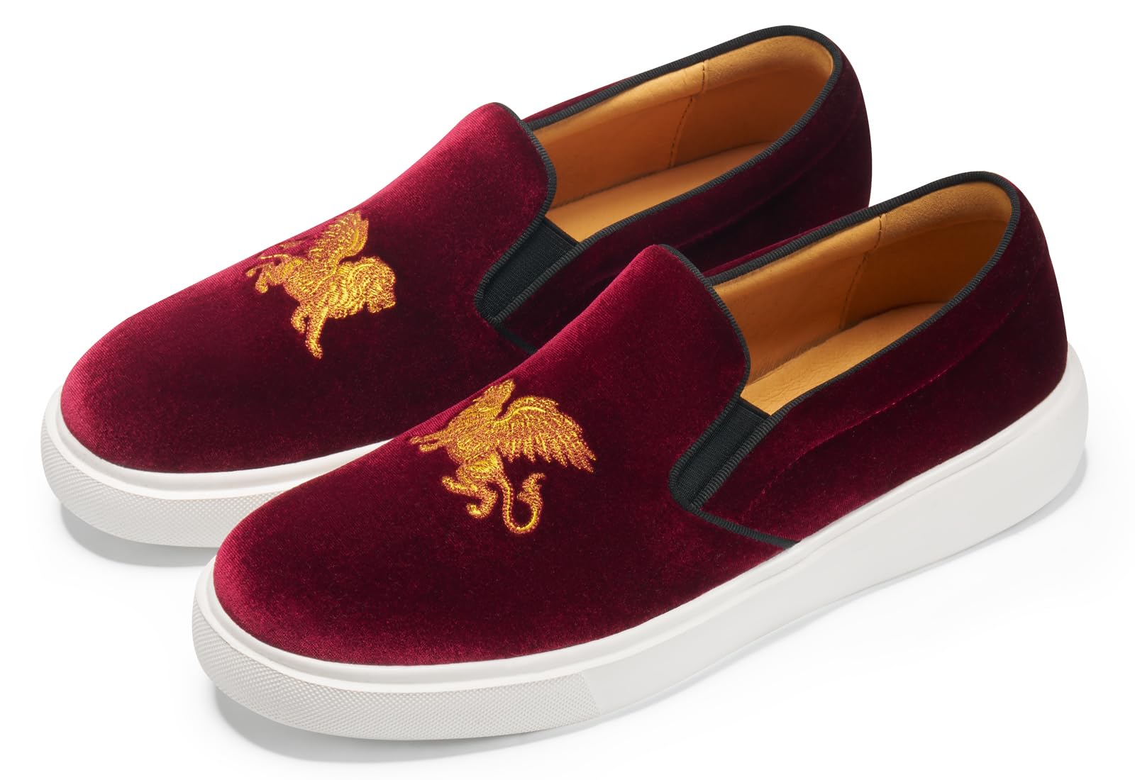 Journey West Men's Fashion Velvet Sneakers with Embroidery Light Weight Comfortable Slip-On Walking Shoes for Men Lion Burgundy US 8.5