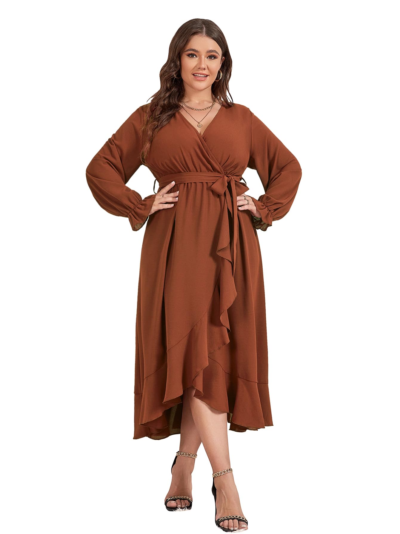 SCOMCHIC Women Plus Size Formal Dresses Fall Long Sleeve Faux Wrap V Neck High Low Ruffle Cocktail Wedding Guest Maxi Dress Rust