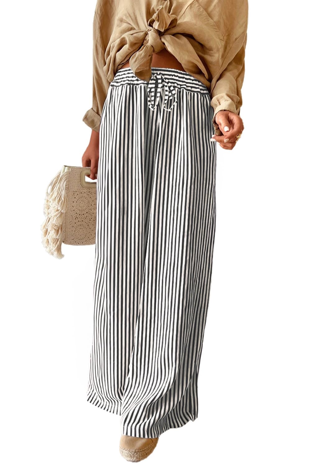 Acelitt Women Casual Striped Wide Leg Pants Drawstring Elastic High Waisted 2026 Summer Fashion Beach Pants Trousers with Pockets Black Small
