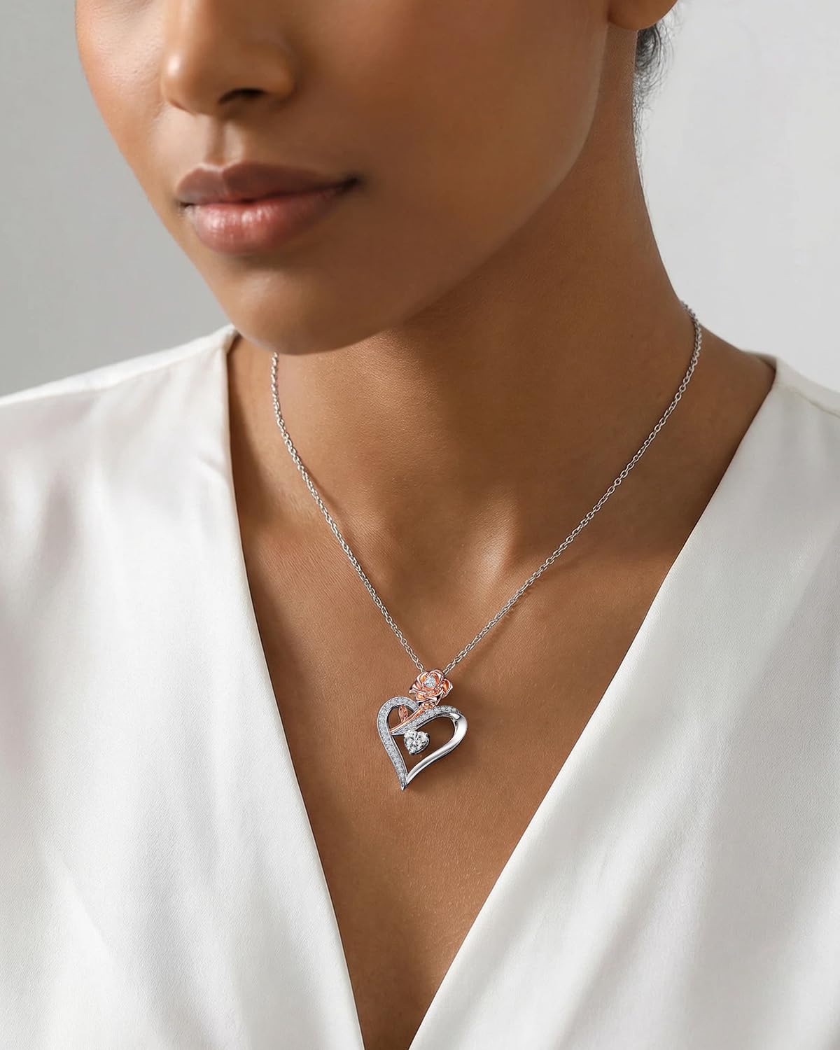 EleShow Moissanite Necklace for Women, Sterling Silver Rose Heart Pendant Necklace, Romantic & Ideal Jewelry Gift for Her on Birthday, Anniversary, Mothers Day